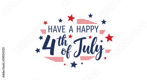 4th of July greeting text with stars and stripes, American flag elements, patriotic typography, for banner or poster or social media