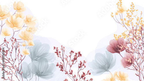 watercolor floral background with small flowers and branches business card, empty center for text