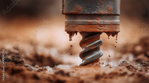 Drilling rig auger bit penetrating wet soil and clay