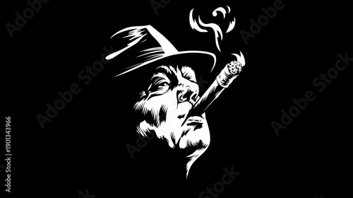 Monochromatic illustration of a man in a fedora smoking a cigar, exuding a classic and mysterious tough character graphic.