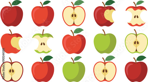 Apple illustration set with whole, half, bitten and core fruits. Red and green apples in flat cartoon style. Fresh healthy food vector collection for packaging, education and design use.