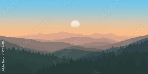 A peaceful mountain landscape showing sunrise and sunset with misty clouds over valleys and forests