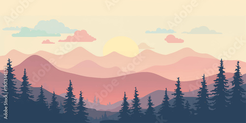 Peaceful mountain landscape with foggy valleys under a glowing sunrise and sunset sky