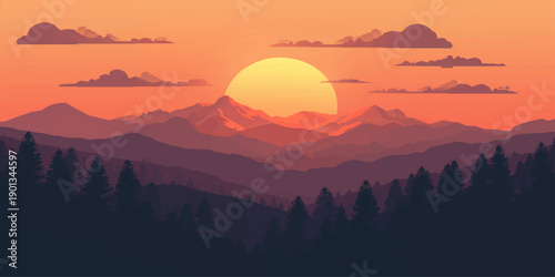 A peaceful mountain landscape showing sunrise and sunset with colorful clouds and glowing sunlight