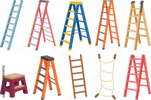 Rope ladder vector illustration set, cartoon-style collection of different wooden rope ladders and climbing tools isolated on white background for adventure themes, games, education, and outdoor desig