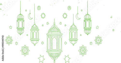 Neon green Ramadan lantern line art vector with hanging Islamic lamps crescent moon and decorative stars on white background