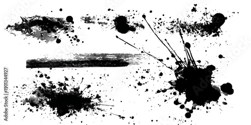 Dynamic black ink splash and splatter abstract art on white background