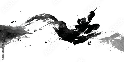 Dynamic black ink splash and splatter abstract art on white background