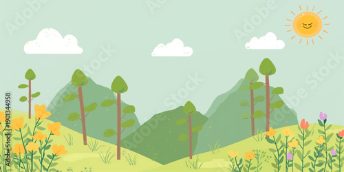 A colorful vector illustration of a sunny spring landscape with green hills, trees, grass, clouds, and flowers in a peaceful rural meadow
