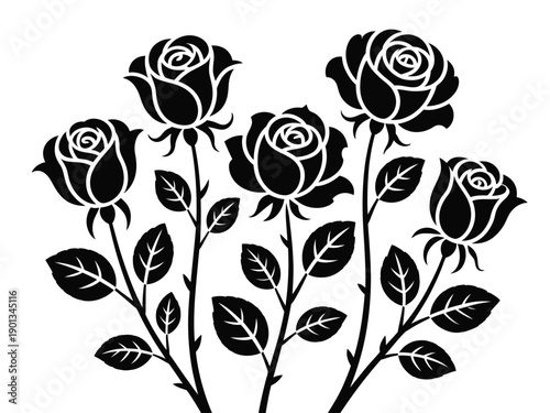 A black and white illustration of a bouquet of roses with leaves on a plain background