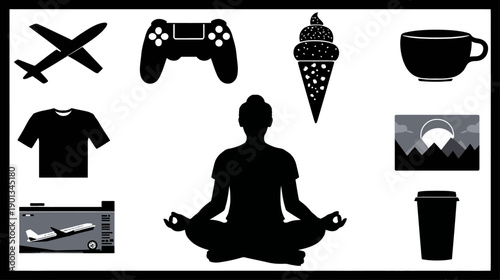 Modern Lifestyle Silhouette Icons: Meditation, Travel, Gaming, Food, and Daily Activities Concept for Balance and Choices