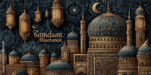 Elegant Ramadan Kareeem greeting card featuring golden Arabic calligraphy on a luxurious blue background with intricate patterns.