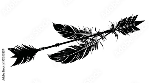 Hand-drawn black and white arrow illustration with intricate feathers, rustic vintage artistic graphic design element, symbolic target concept