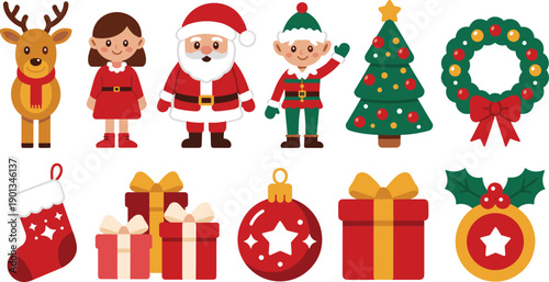 Christmas cartoon vector elements set with Santa Claus, reindeer, elf and girl. Festive holiday decorations including tree, wreath, gifts, ornaments and stocking. Cute flat winter illustration.
