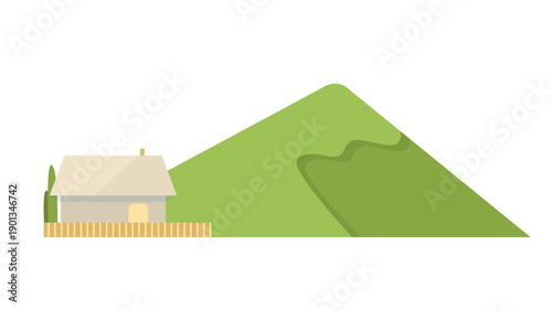 Summer landscape with cozy house green cypress trees fence and mountain flat vector illustration