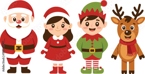 Cute Christmas character illustration set. Santa Claus, girl, elf and reindeer in cheerful cartoon style. Festive holiday vector collection for kids designs, cards and decorations.