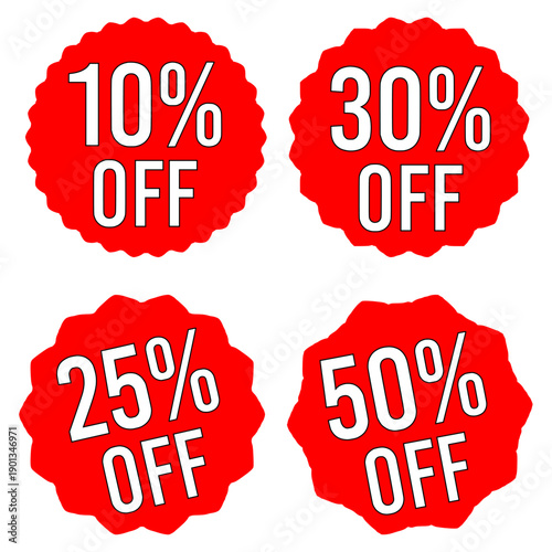 Vibrant Collection of Red Discount Labels and Price Tags Featuring Various Percentage Off Offers for Marketing and Retail Promotions