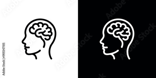 Two silhouettes with brain on white and black backgrounds profile human head