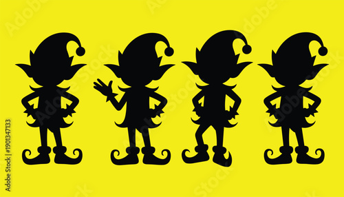 Christmas elf silhouette vector set. Cute cartoon elf poses in black shapes. Holiday character shadows for festive design projects.