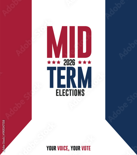 Vintage midterm elections poster with red, white, and blue radial sunburst design, bold typography, and patriotic theme. Ideal for political campaigns, voting awareness, civic events, and election