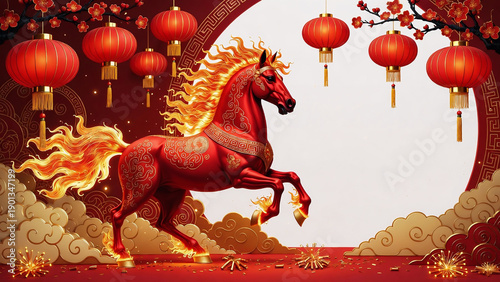 Majestic red horse with golden mane running amidst Chinese lanterns and fireworks with Round white Background