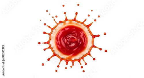 A vibrant red liquid splatter on a clean white background surface