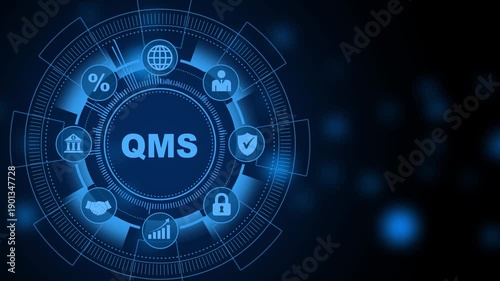 Quality management system business and industrial technology concept. QMS, Modern Business, Technology, Internet and social media icons 4K animation background.