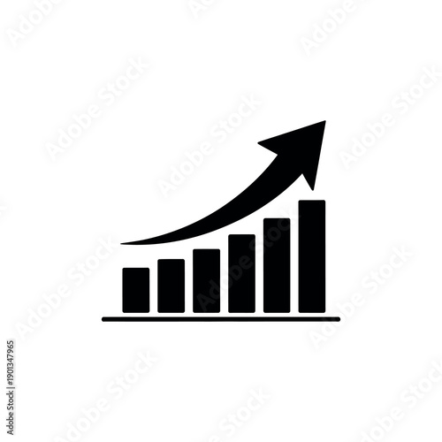 Black bar chart with upward trending arrow growth increase