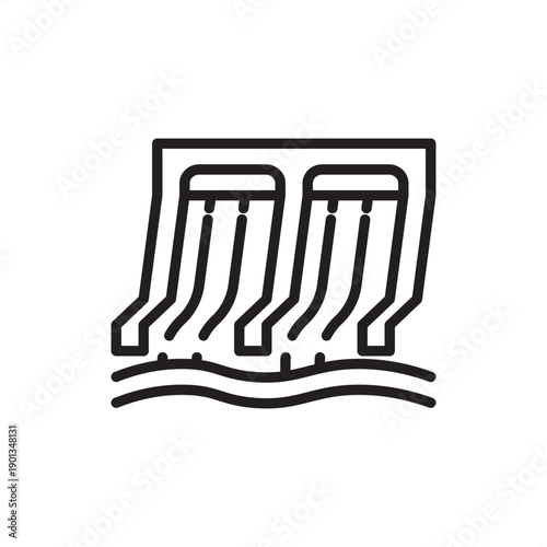 Dam spillway icon. Hydraulic engineering and flood management, representing reservoir overflow structures, concrete chute spillways, dam safety systems, and municipal water control infrastructure.