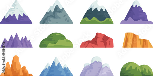 Set of Colorful Flat Vector Mountain Icons Featuring Snow Capped Peaks Green Rolling Hills Red Rock Canyons and Purple Mountain Ranges