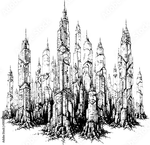 Black Ink Drawing of Abstract Fantasy Skyscraper Cityscape