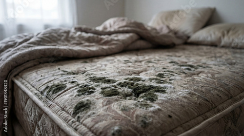 Mold on mattress with textured fabric and crumpled bedding highlighting unhealthy condition. Mold spreads across soft surface creating concern for indoor air quality.