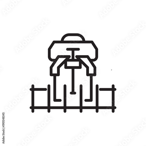 Ballast tamper icon. Railway maintenance and track engineering, representing automated tamping machines, rail bed stabilization, sleeper tie packing, and heavy-duty transit infrastructure hardware.