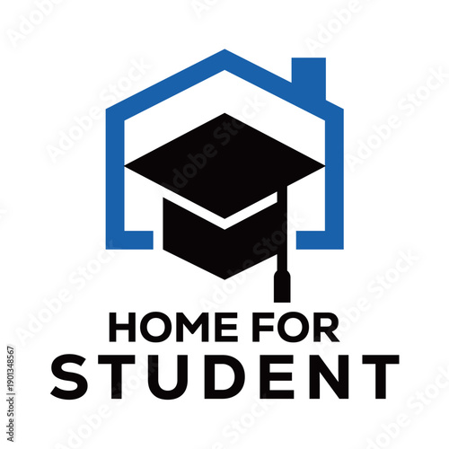 Modern home for student logo vector combining a house icon with a stylized student silhouette (graduation cap or figure), representing safe housing, education, and comfortable living for students, iso