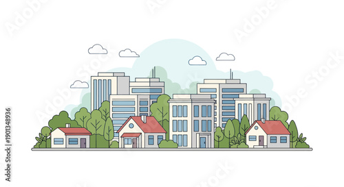 Modern Cityscape with Houses and High-Rise Buildings, Green Trees, and Clouds - Flat Design