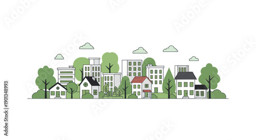 Flat illustration of a vibrant city skyline with trees and houses, modern urban landscape.