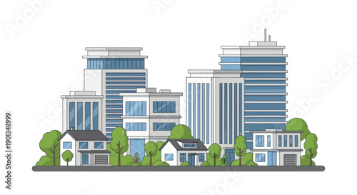 Modern Cityscape with Skyscrapers and Houses, Urban Landscape Illustration