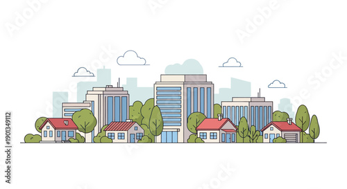 Modern Cityscape with Residential Houses and Green Trees, Flat Design