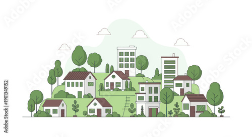 Suburban neighborhood illustration with houses and trees on a green hill