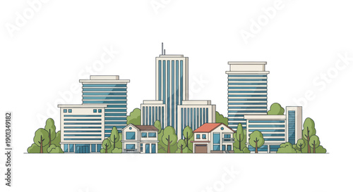 Modern city skyline with residential houses and green trees on white background