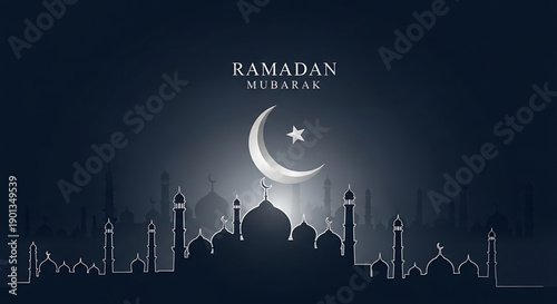 Illustrative design for the Islamic holy month, featuring a glowing crescent moon and star above a serene mosque silhouette, symbolizing spiritual reflection and peaceful festivities