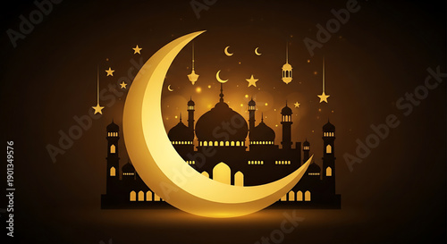 Elegant golden crescent moon and illuminated mosque silhouette against a dark, star-filled sky, capturing the essence of a sacred festival and peaceful spirituality