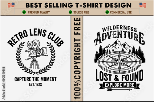 Retrostyle tshirt designs with vintage camera and wilderness adventure theme featuring compass and mountains isolated on transparent background