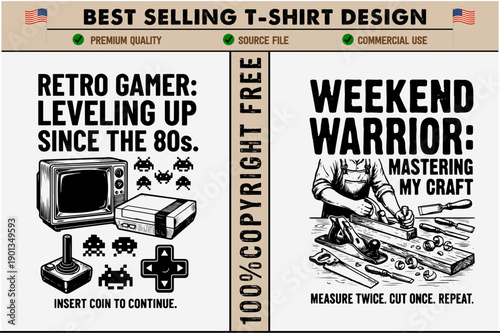 Retro gamer and weekend warrior tshirt designs for men featuring vintage video games and woodworking tools on isolated transparent background