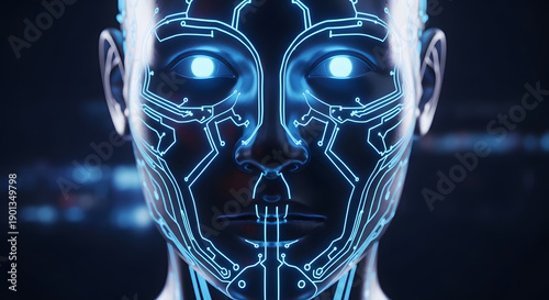 A robotic head with blue lights on its face