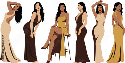 Set of Minimalist Fashion Illustrations of Elegant Women in Evening Gowns, Formal Dress Poses for Lifestyle Design