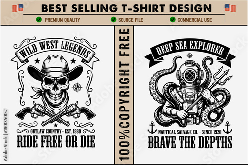 Vintagestyle graphic tshirt designs featuring cowboy skull and diver with octopus  isolated on transparent background