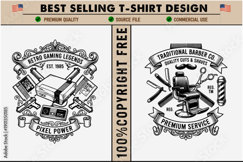 Vintagestyle graphics for gaming and barber services featuring retro consoles and barber tools in ornate designs isolated on transparent background
