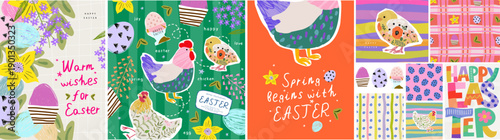 Happy Easter. Cute modern vector illustrations of a chicken, chick, eggs, flowers, and a seamless pattern for spring greeting card, stickers, poster, invitation, background, textiles, postcard, scrapb
