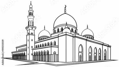 Modern islamic mosque building with multiple domes and tall minaret towers. architectural drawing suitable for religious themes and ramadan